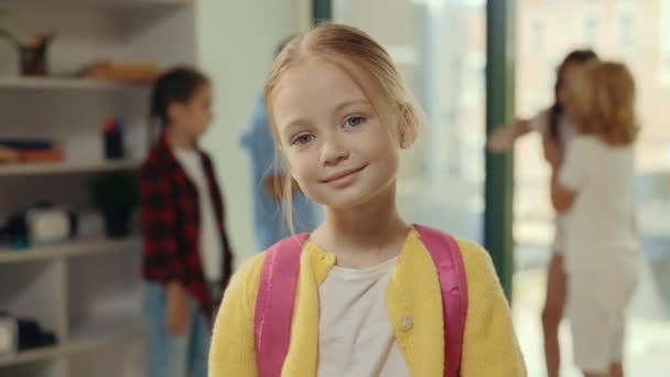 Portrait Girl Pupil School Break Standing Class Holding Backpack Looking — Video Stock