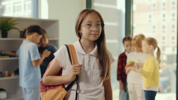 Portrait Beautiful Female Asian Pupil Wearing Glasses Standing Class While — 图库视频影像