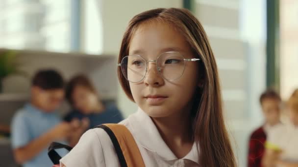 Portytait School Girl Pupil Standing Class Wearing Glasses Carrying Backpack — Stockvideo