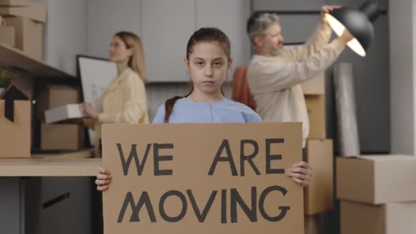 Slow Motion Portrait Daugther Holding Paper Banner Moving Standing New — Stockvideo