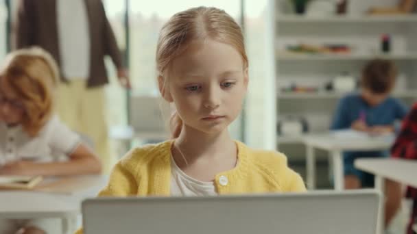 Retrato Sorriu Menina Sentada Mesa Com Laptop Uma Classe Durante — Vídeo de Stock