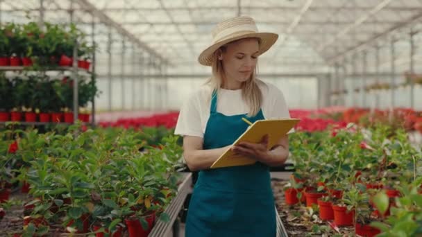 Female Gardener Wearing Hat Holding Tablet Notice Something Standing Shelf — Stock Video