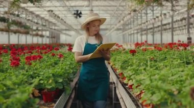 Kadın çiçekçi, iş günü tabletle serada kırmızı çiçeklerle sıraya girip çiçeklerle ilgili bir şeyler yazıyor. Halk ve meslek kavramı