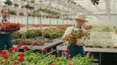 Bahçe işçileri. Kadın çiçeği inceliyor ve erkek süs çiçekleriyle dolu bir kutu tutuyor. Halk ve meslek kavramı