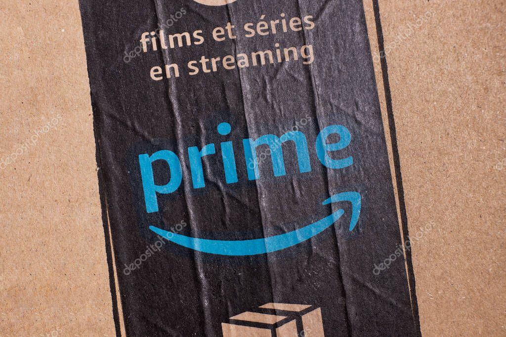 SALERNO - May 29, 2021: Amazon Prime logo scotch tape. Amazon.com, Inc., is an American multinational technology company