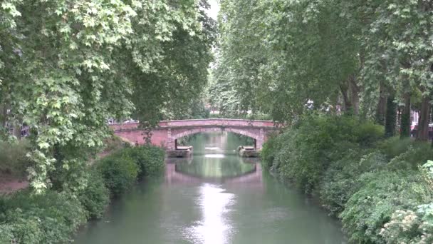 Idylliskt Vatten Kanal Brienne Med Bro Mitt Frodig Vegetation Toulouse — Stockvideo