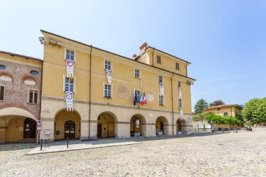 Avigliana, Italy. June 18, 2022. Exterior view of the Piazza Conte Rosso and Palazzo del Municipio and Torre Civica