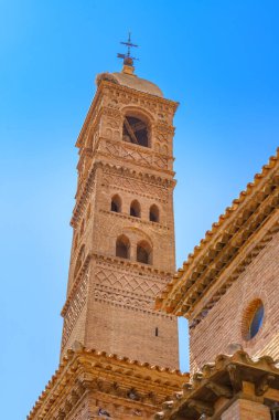 Low angle view of a mudejar-style steeple in Tarazona, Spain