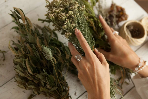 女性の手の中で乾燥した薬草の束 薬草のコレクション 白い木製のテーブル ロイヤリティフリーのストック写真