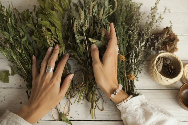 Ramo Hierbas Medicinales Secas Las Manos Las Mujeres Colección Hierbas Fotos De Stock