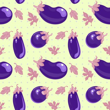 Parlak ve sevimli patlıcanların ve çeşitli şekillerdeki yaprakların geometrik yıldızlı parlak ve pürüzsüz deseni.