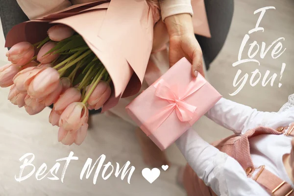 Child Hands Hold Beautiful Pink Gift Box Ribbon Pink Tulip — Foto de Stock