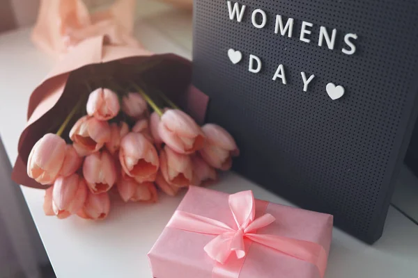 Pink Tulips Flowers Gift Present Box Pink Background Womens Day — Stok fotoğraf