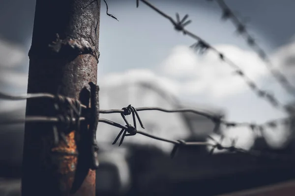 Barbed Wire Fence Dramatic Dark Sky — Zdjęcie stockowe