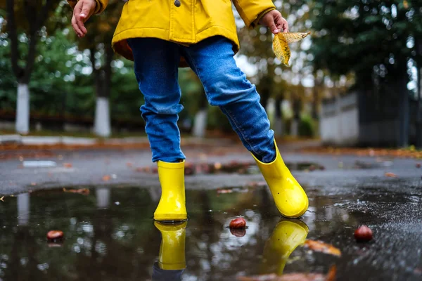 Yellow rubber shoes in puddle after raining. Falling leaves. Autumn season concept.