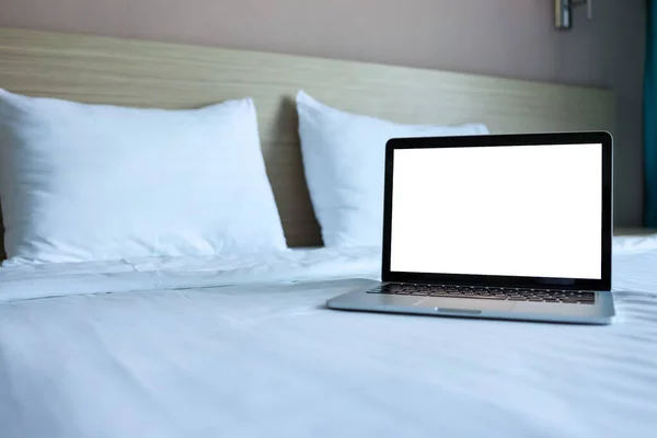 Mock Blank Screen Laptop Bed Advertising Text — Zdjęcie stockowe