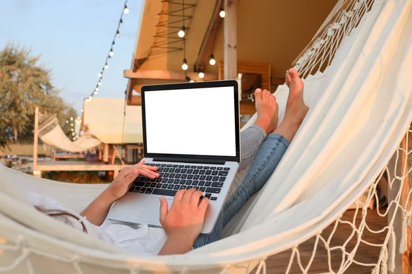 Young Beautiful Woman Lying Hammock Laptop Resort Mock Blank White — Zdjęcie stockowe