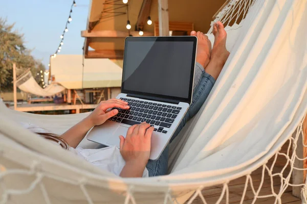 Young Beautiful Woman Lying Hammock Laptop Resort Mock Blank White — Zdjęcie stockowe
