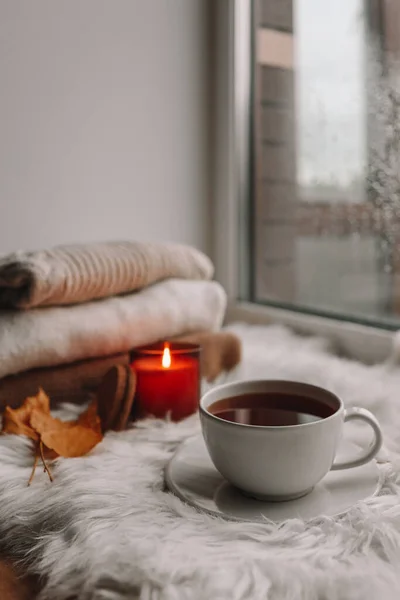 Cup Tea Burning Candle Windowsill Cozy Autumn Photo — Foto Stock