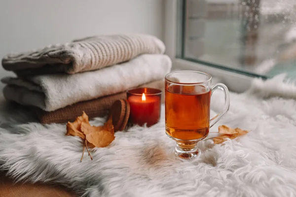 Cup Tea Burning Candle Windowsill Cozy Autumn Photo — стоковое фото