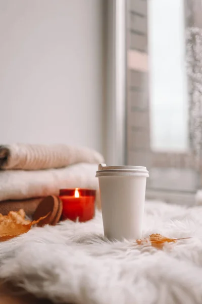 Paper Cup Tea Windowsill Autumn Mood — Stockfoto
