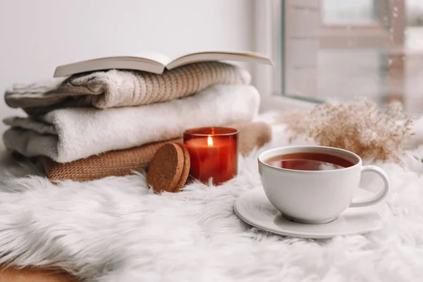 Beautiful autumn composition with burning candle and cup of tea on window sill