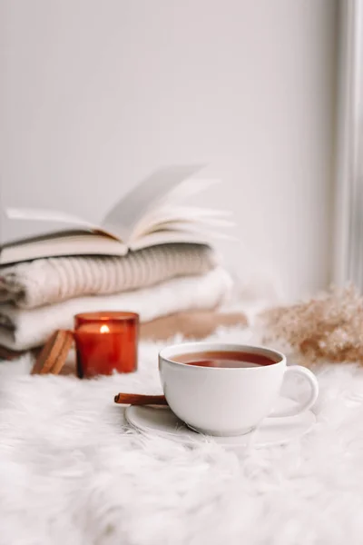 Cup Tea Window Burning Candles Sweaters — 스톡 사진