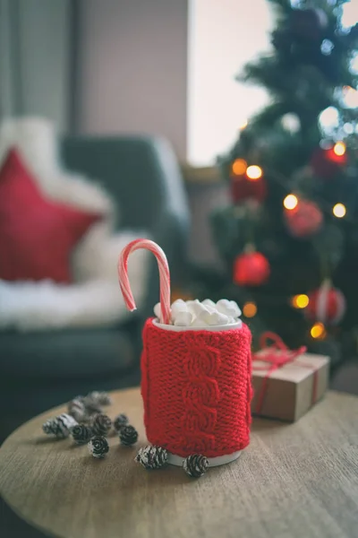 Christmas Cup Cocoa Marshmallows Wooden Table Background Christmas Tree New — Stok fotoğraf