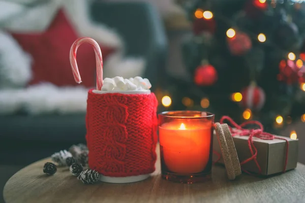 New Year Cup Marshmallows Candle Gift Table Festive Background Christmas — Zdjęcie stockowe
