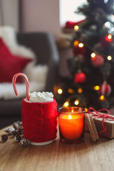 New Year Cup Marshmallows Candle Gift Table Festive Background Christmas — стоковое фото