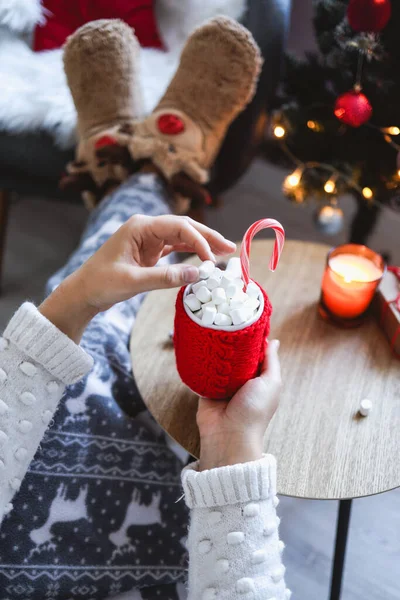 Girl Holds Cup Cocoa Marshmallows Candy Her Hands Cozy New — стоковое фото