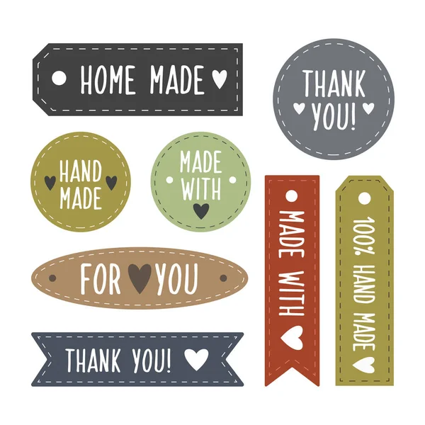 Handmade fashion and crafts badges with different inscriptions. Set hand drawn label. Vector illustration.
