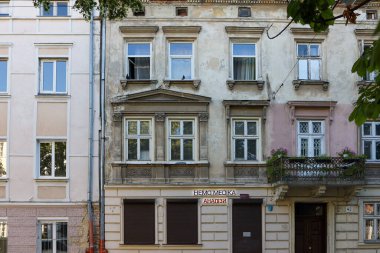 Background for design, texture walls and windows of houses, building facades. On the streets in Istanbul, public places.