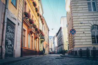 Facades of houses in Lviv, old buildings against the sky