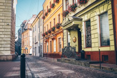 Facades of houses in Lviv, old buildings against the sky