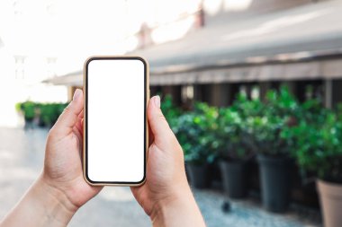 Phone in hand with a screen on the background of the city