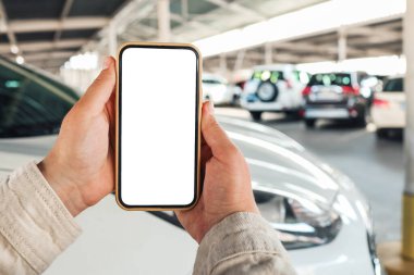 Uygulama veya web sitesi mockup promosyon için Mockup boş ekran cep telefonu. Otomobil bayiliği için ideal, otomobil servisi online, akıllı otomobil konsepti, Araba alışveriş online.