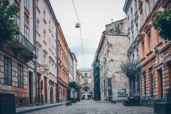 Traditional Buildings Cobblestone Street Historical Old Town Lviv — стокове фото