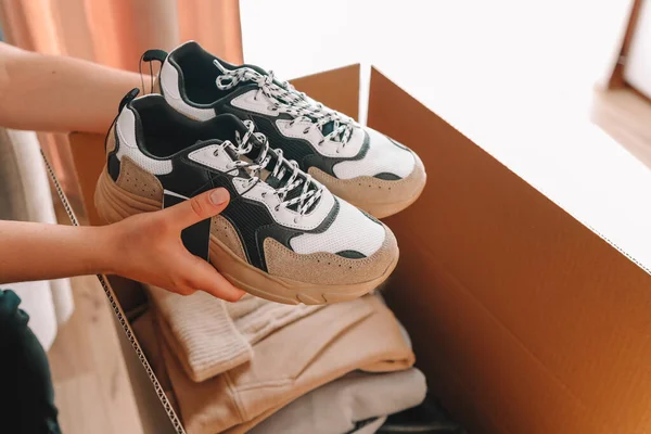 Men Sneakers Clothes Box Shopping Unpacking — Fotografia de Stock