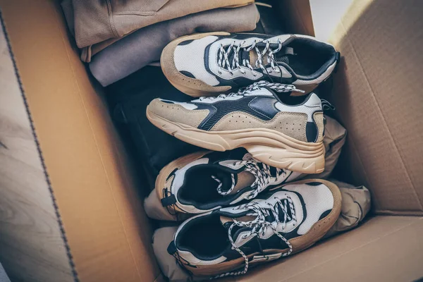 Men Sneakers Clothes Box Shopping Unpacking — Photo