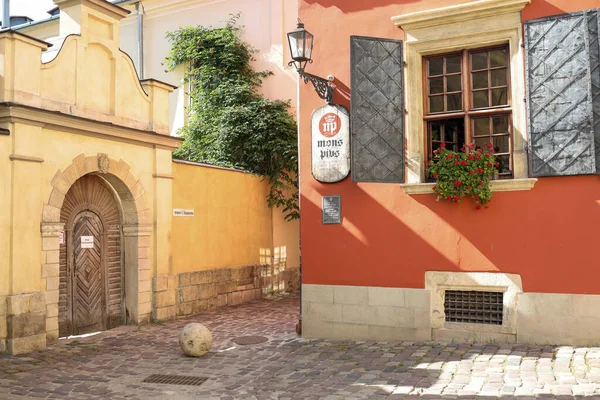 Traditional Buildings Cobblestone Street Historical Old Town Lviv — Foto de Stock