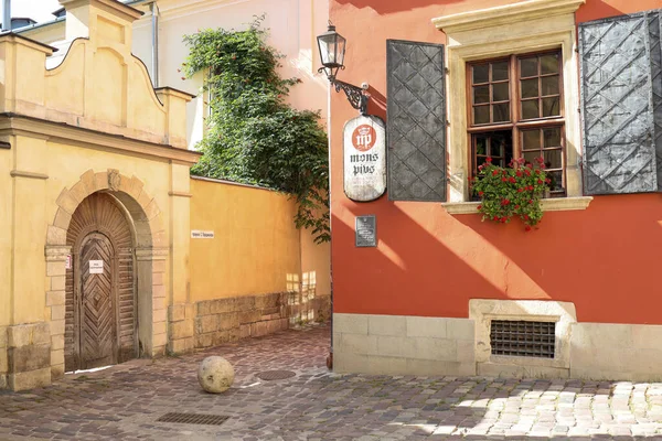 Traditional Buildings Cobblestone Street Historical Old Town Lviv — Stock Photo, Image