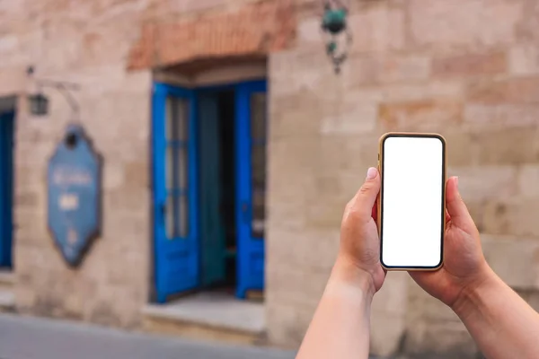 Girl with a screen phone in a cafe on the street