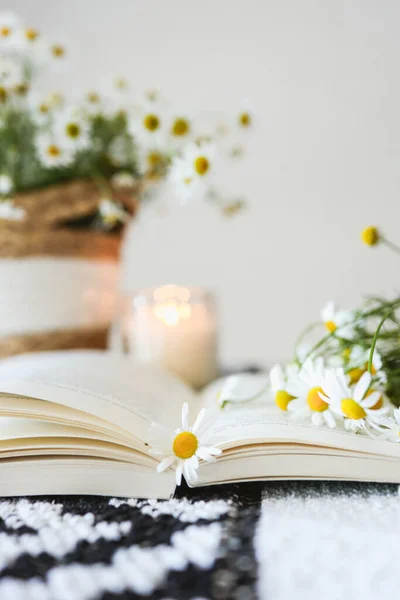 An open book and a bouquet of daisies, atmospheric aesthetic photography.