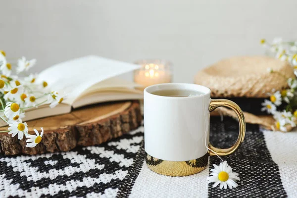 Open Book Herbal Chamomile Tea Cup Wooden Table Reading Morning — 스톡 사진
