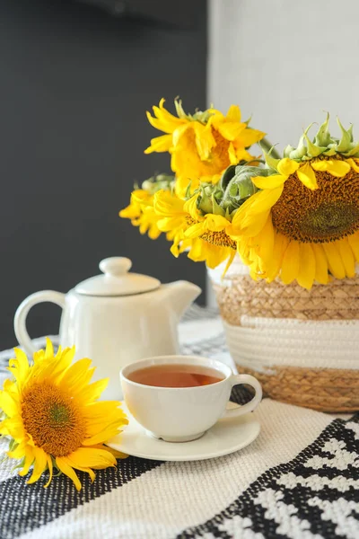Cup Tea Teapot Candle Table Sunflowers Tea Time Aesthetics — ストック写真