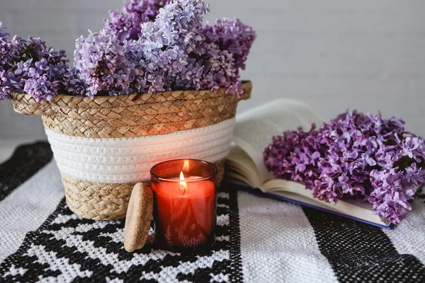 Wicker Basket Lilacs Candle Open Book Table Good Morning Concept —  Fotos de Stock