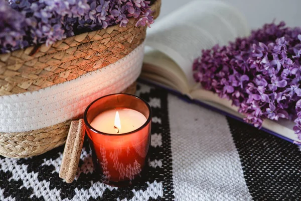 Wicker Basket Lilacs Candle Open Book Table Good Morning Concept —  Fotos de Stock