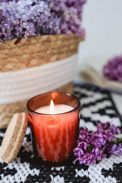 Wicker Basket Lilacs Candle Open Book Table Good Morning Concept — Foto Stock