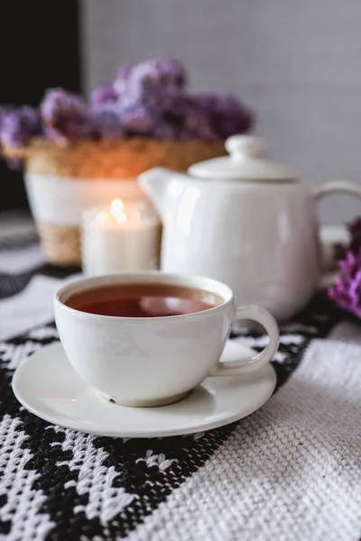 Cup Tea Teapot Table Lilac Wicker Basket Atmospheric Tea Party — Foto Stock